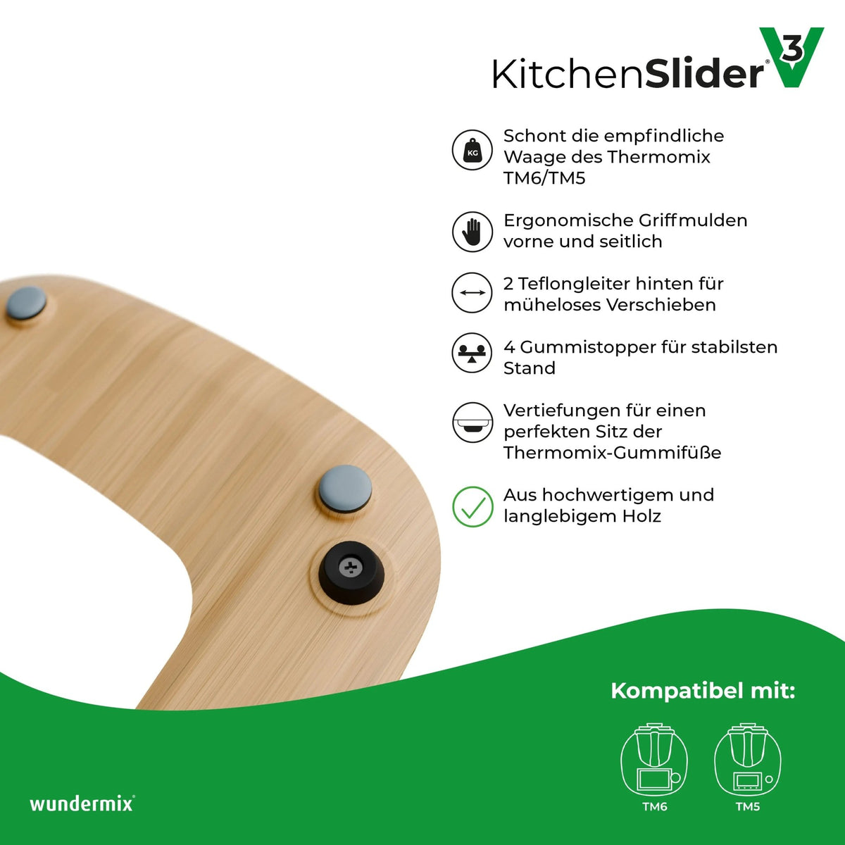 KitchenSlider® H | V3 | Echtholz Premium - Gleitbrett für Thermomix TM6, TM5 - Wundermix GmbH
