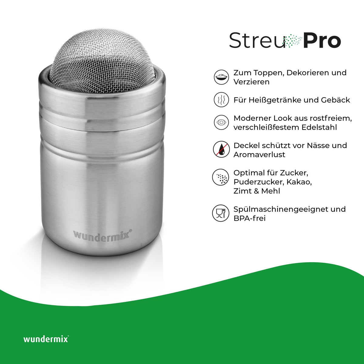 StreuPro | Edelstahl - Streuer für Mehl, Puderzucker, Kakaopulver, Zimtzucker - Wundermix GmbH