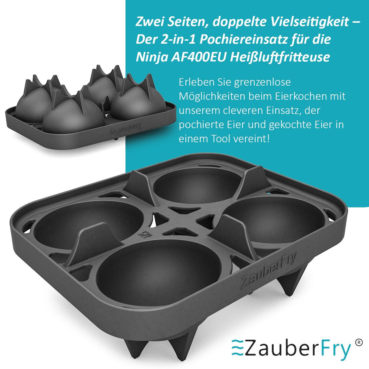 ZauberFry | 2 - in - 1 Pochiereinsatz und Eierkocher für Ninja AF400EU, AF451EU, AF500DE und SL400EU - Wundermix GmbH