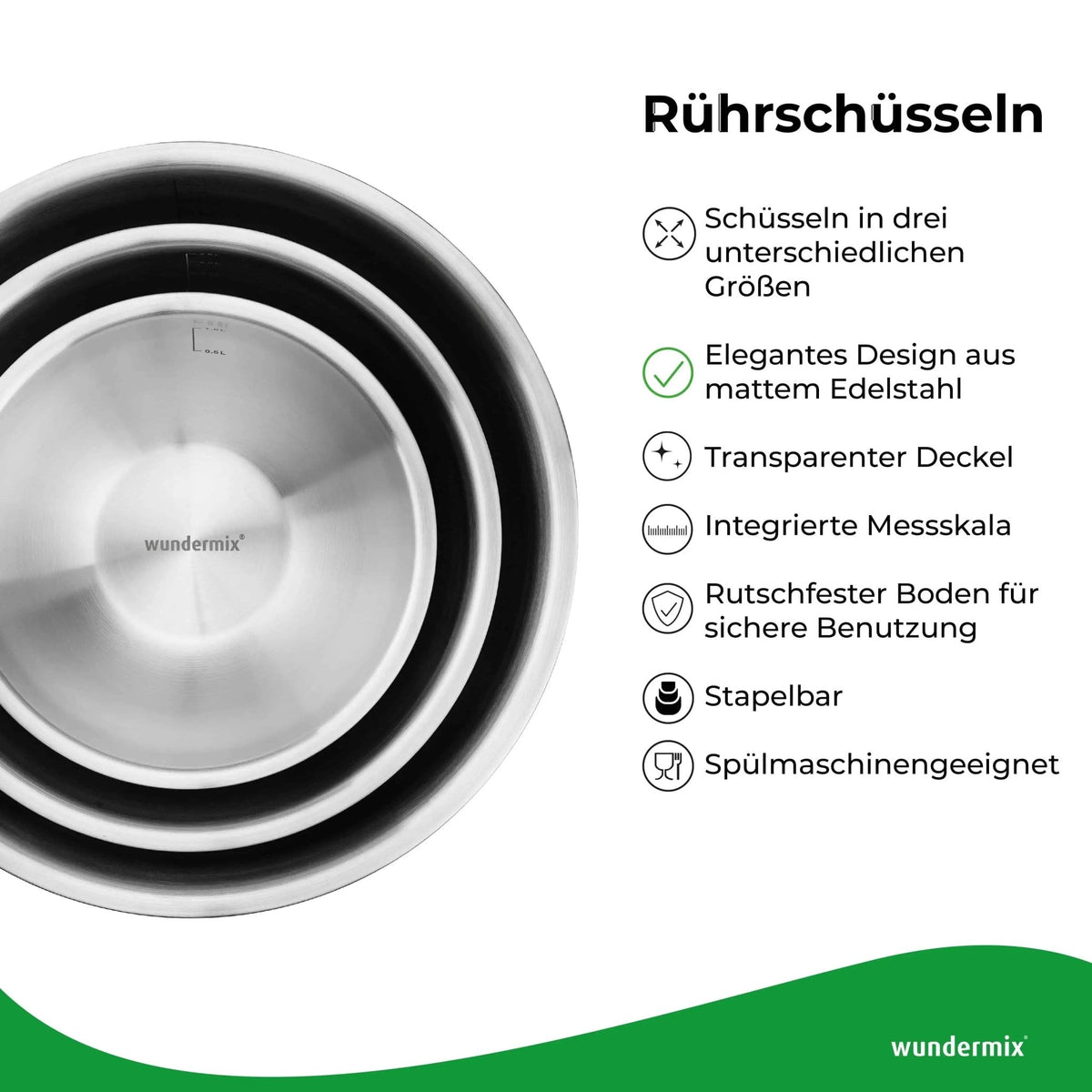 Edelstahl Rührschüssel 3er - Set mit Deckel | 1,5 L + 3 L + 5 L - Wundermix GmbH