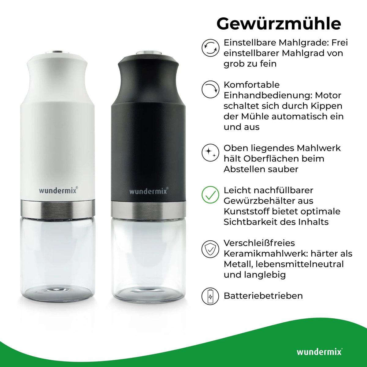 Elektrische Salz - oder Pfeffermühle mit Keramik - Mahlwerk - Wundermix GmbH